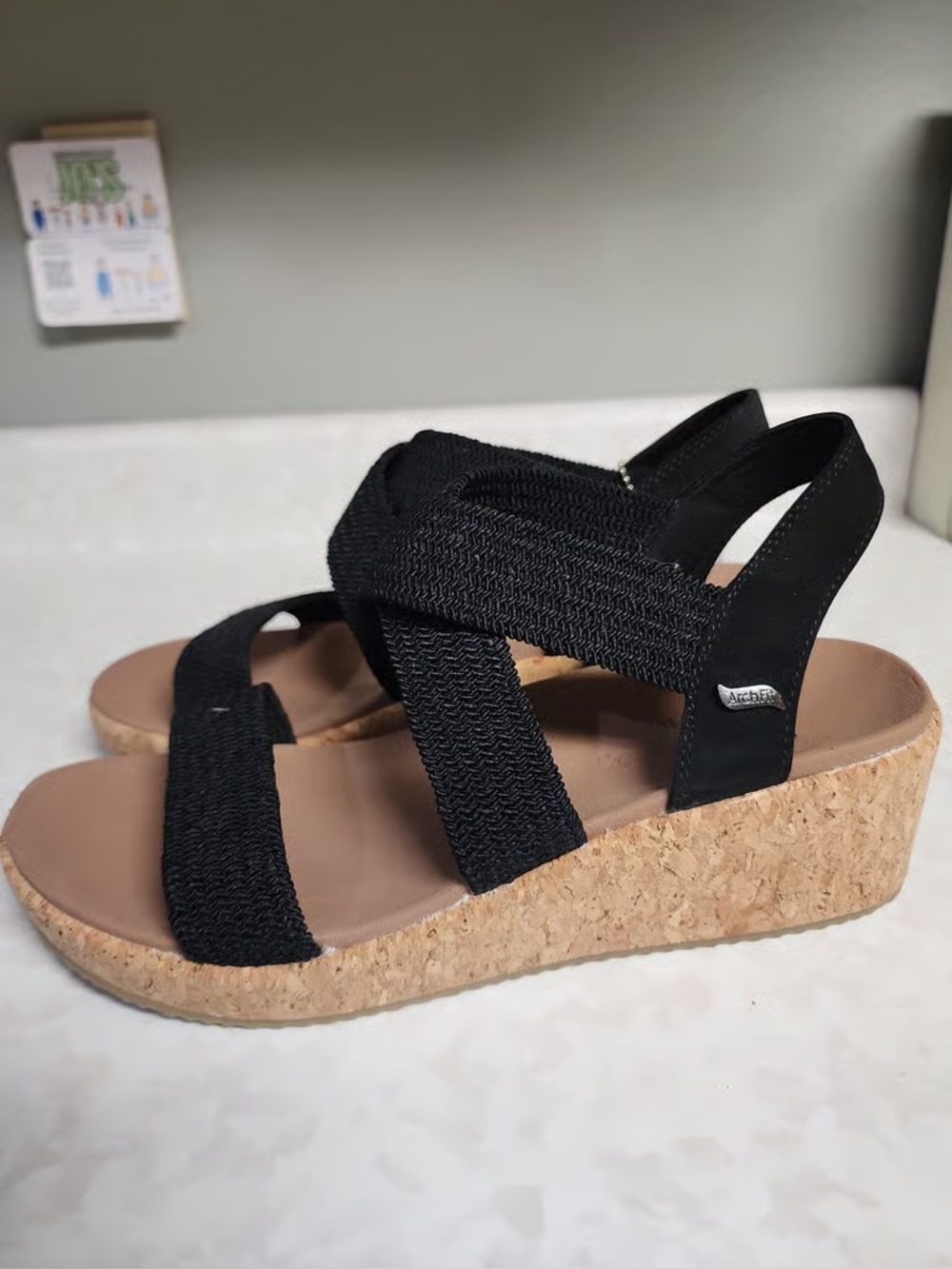 Time and Tru Black Cork Wedge Sandals with Elastic Crisscross Straps